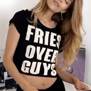 Black "FRIES OVER GUYS" Graphic Studs Detail Crop